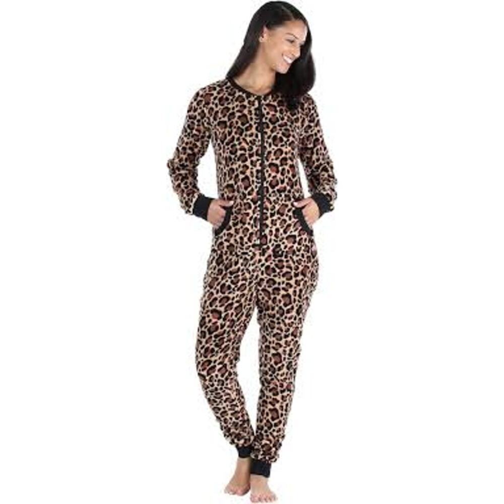 PajamaMania Women’s Leopard Print Plush Onesie Pajamas | Zip Front | XL